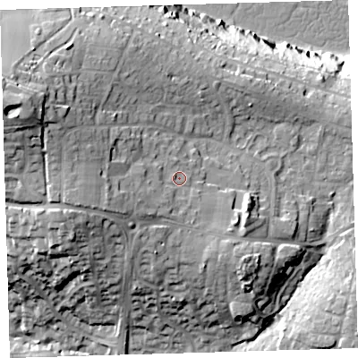 Shaded relief map of the ground around EX312HR, computed from Environment Agency LiDAR. The ground here sits at about 38 m above sea level and falls 52 m across the surrounding 800 m. Surface water reaching this point runs off ground lying to the west-south-west, 4.5 m higher.