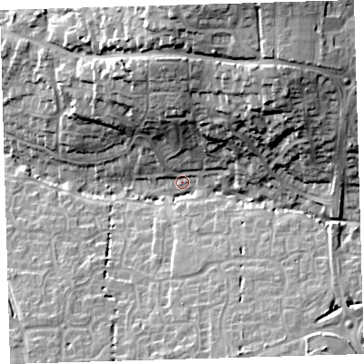 Shaded relief map of the ground around EX312JD, computed from Environment Agency LiDAR. The ground here sits at about 20 m above sea level and falls 33 m across the surrounding 800 m. Surface water reaching this point runs off ground lying to the north-east, 26.4 m higher.