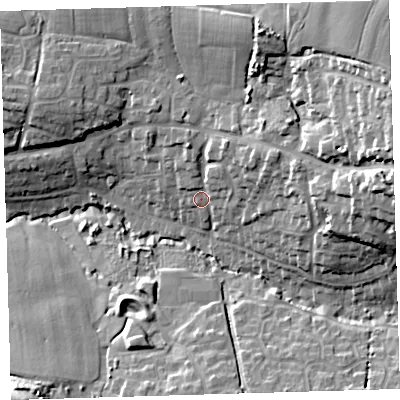 Shaded relief map of the ground around EX312JU, computed from Environment Agency LiDAR. The ground here sits at about 18 m above sea level and falls 42 m across the surrounding 800 m. Surface water reaching this point runs off ground lying to the east-north-east, 10.0 m higher.