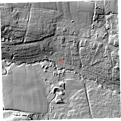 Shaded relief map of the ground around EX312LY, computed from Environment Agency LiDAR. The ground here sits at about 13 m above sea level and falls 32 m across the surrounding 800 m. Surface water reaching this point runs off ground lying to the north-east, 8.8 m higher.