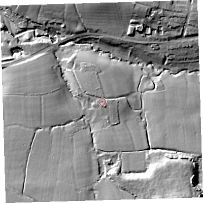 Shaded relief map of the ground around EX312ND, computed from Environment Agency LiDAR. The ground here sits at about 15 m above sea level and falls 29 m across the surrounding 800 m. Surface water reaching this point runs off ground lying to the south-south-east, 1.5 m higher.