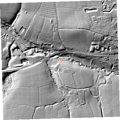Shaded relief map of the ground around EX312NF, computed from Environment Agency LiDAR. The ground here sits at about 7 m above sea level and falls 26 m across the surrounding 800 m. Surface water reaching this point runs off ground lying to the north-east, 23.6 m higher.