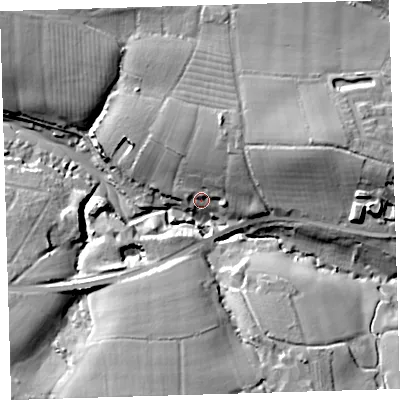 Shaded relief map of the ground around EX312NQ, computed from Environment Agency LiDAR. The ground here sits at about 10 m above sea level and falls 26 m across the surrounding 800 m. Surface water reaching this point runs off ground lying to the north-north-east, 13.6 m higher.