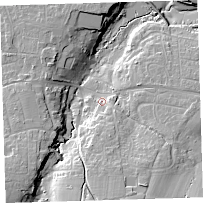 Shaded relief map of the ground around EX312NT, computed from Environment Agency LiDAR. The ground here sits at about 9 m above sea level and falls 26 m across the surrounding 800 m. Surface water reaching this point runs off ground lying to the south-south-east, 6.3 m higher.