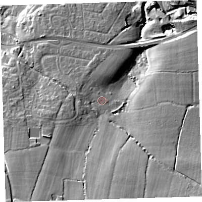 Shaded relief map of the ground around EX312PZ, computed from Environment Agency LiDAR. The ground here sits at about 15 m above sea level and falls 31 m across the surrounding 800 m. Surface water reaching this point runs off ground lying to the south-south-west, 16.5 m higher.