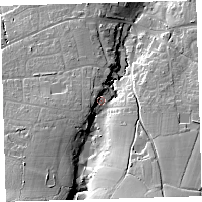 Shaded relief map of the ground around EX312SN, computed from Environment Agency LiDAR. The ground here sits at about 15 m above sea level and falls 38 m across the surrounding 800 m. Surface water reaching this point runs off ground lying to the south-west, 28.0 m higher.