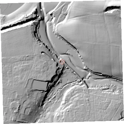 Shaded relief map of the ground around EX313AU, computed from Environment Agency LiDAR. The ground here sits at about 6 m above sea level and falls 34 m across the surrounding 800 m. Surface water reaching this point runs off ground lying to the south-west, 15.3 m higher.