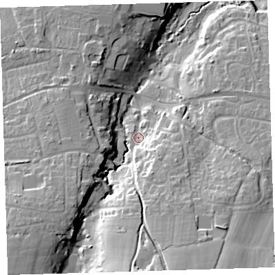 Shaded relief map of the ground around EX313AZ, computed from Environment Agency LiDAR. The ground here sits at about 9 m above sea level and falls 29 m across the surrounding 800 m. Surface water reaching this point runs off ground lying to the south-south-east, 16.0 m higher.
