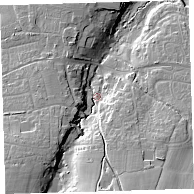 Shaded relief map of the ground around EX313BA, computed from Environment Agency LiDAR. The ground here sits at about 9 m above sea level and falls 30 m across the surrounding 800 m. Surface water reaching this point runs off ground lying to the south-west, 24.8 m higher.