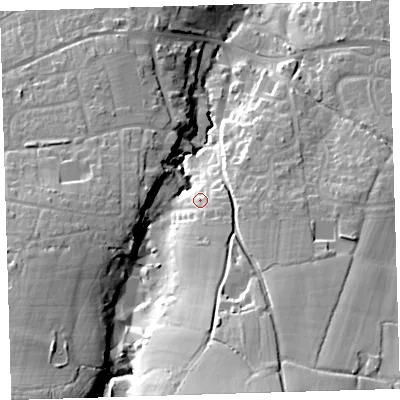 Shaded relief map of the ground around EX313BB, computed from Environment Agency LiDAR. The ground here sits at about 19 m above sea level and falls 37 m across the surrounding 800 m. Surface water reaching this point runs off ground lying to the south-east, 4.1 m higher.