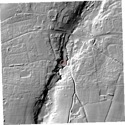 Shaded relief map of the ground around EX313BD, computed from Environment Agency LiDAR. The ground here sits at about 10 m above sea level and falls 32 m across the surrounding 800 m. Surface water reaching this point runs off ground lying to the south-west, 26.7 m higher.