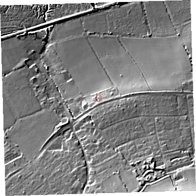 Shaded relief map of the ground around EX313EF, computed from Environment Agency LiDAR. The ground here sits at about 18 m above sea level and falls 42 m across the surrounding 800 m. Surface water reaching this point runs off ground lying to the south-south-east, 4.7 m higher.
