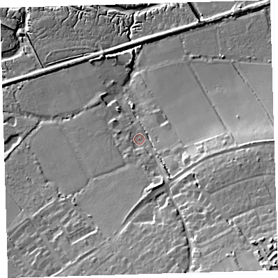Shaded relief map of the ground around EX313EN, computed from Environment Agency LiDAR. The ground here sits at about 10 m above sea level and falls 35 m across the surrounding 800 m. Surface water reaching this point runs off ground lying to the south-east, 26.6 m higher.