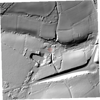 Shaded relief map of the ground around EX313HU, computed from Environment Agency LiDAR. The ground here sits at about 11 m above sea level and falls 40 m across the surrounding 800 m. Surface water reaching this point runs off ground lying to the south-west, 24.3 m higher.