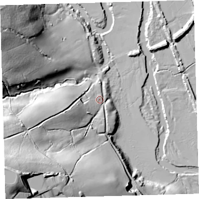 Shaded relief map of the ground around EX313JH, computed from Environment Agency LiDAR. The ground here sits at about 14 m above sea level and falls 68 m across the surrounding 800 m. Surface water reaching this point runs off ground lying to the south-west, 58.6 m higher.
