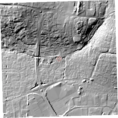 Shaded relief map of the ground around EX313QP, computed from Environment Agency LiDAR. The ground here sits at about 25 m above sea level and falls 26 m across the surrounding 800 m. Surface water reaching this point runs off ground lying to the north-north-west, 14.9 m higher.