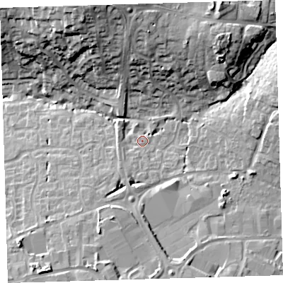 Shaded relief map of the ground around EX313QS, computed from Environment Agency LiDAR. The ground here sits at about 25 m above sea level and falls 27 m across the surrounding 800 m. Surface water reaching this point runs off ground lying to the north-east, 17.9 m higher.