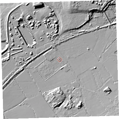 Shaded relief map of the ground around EX313QW, computed from Environment Agency LiDAR. The ground here sits at about 6 m above sea level and falls 13 m across the surrounding 800 m. Surface water reaching this point runs off ground lying to the south-south-east, 3.0 m higher.