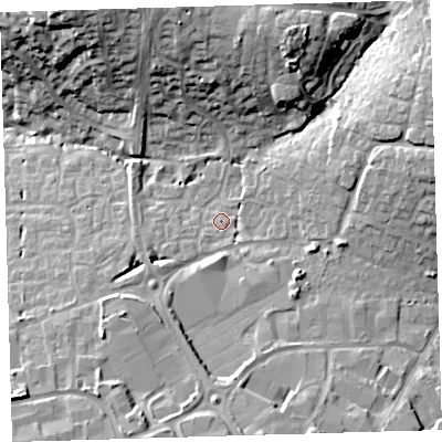 Shaded relief map of the ground around EX313RG, computed from Environment Agency LiDAR. The ground here sits at about 26 m above sea level and falls 23 m across the surrounding 800 m. Surface water reaching this point runs off ground lying to the east-north-east, 13.4 m higher.