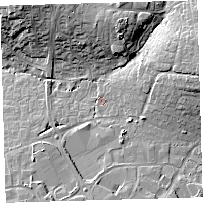 Shaded relief map of the ground around EX313RQ, computed from Environment Agency LiDAR. The ground here sits at about 26 m above sea level and falls 23 m across the surrounding 800 m. Surface water reaching this point runs off ground lying to the east, 2.9 m higher.
