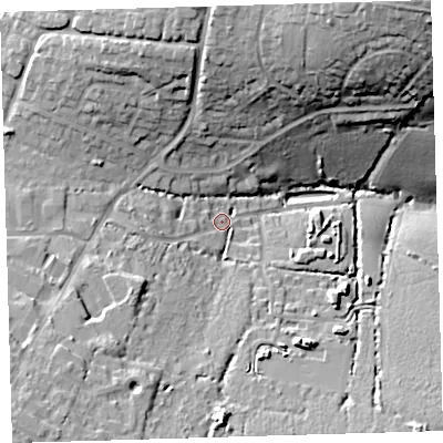 Shaded relief map of the ground around EX313TY, computed from Environment Agency LiDAR. The ground here sits at about 24 m above sea level and falls 39 m across the surrounding 800 m. Surface water reaching this point runs off ground lying to the south-west, 16.4 m higher.