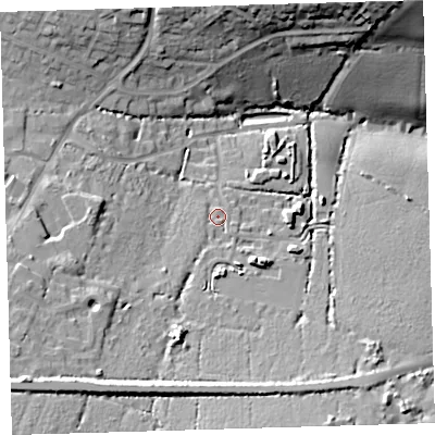 Shaded relief map of the ground around EX313UE, computed from Environment Agency LiDAR. The ground here sits at about 27 m above sea level and falls 27 m across the surrounding 800 m. Surface water reaching this point runs off ground lying to the south-west, 14.0 m higher.