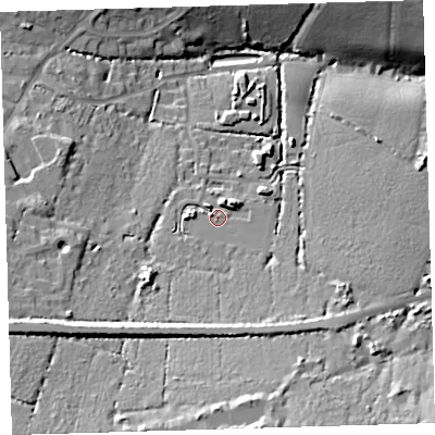 Shaded relief map of the ground around EX313UF, computed from Environment Agency LiDAR. The ground here sits at about 30 m above sea level and falls 33 m across the surrounding 800 m. Surface water reaching this point runs off ground lying to the south-south-west, 10.5 m higher.