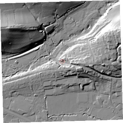 Shaded relief map of the ground around EX314AD, computed from Environment Agency LiDAR. The ground here sits at about 13 m above sea level and falls 37 m across the surrounding 800 m. Surface water reaching this point runs off ground lying to the east, 15.1 m higher.