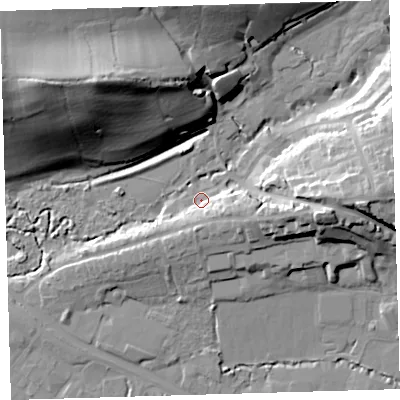 Shaded relief map of the ground around EX314AF, computed from Environment Agency LiDAR. The ground here sits at about 7 m above sea level and falls 39 m across the surrounding 800 m. Surface water reaching this point runs off ground lying to the north-west, 35.9 m higher.