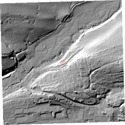 Shaded relief map of the ground around EX314AQ, computed from Environment Agency LiDAR. The ground here sits at about 15 m above sea level and falls 41 m across the surrounding 800 m. Surface water reaching this point runs off ground lying to the east, 21.6 m higher.