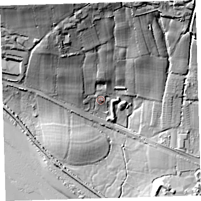 Shaded relief map of the ground around EX314AU, computed from Environment Agency LiDAR. The ground here sits at about 10 m above sea level and falls 46 m across the surrounding 800 m. Surface water reaching this point runs off ground lying to the north, 32.4 m higher.