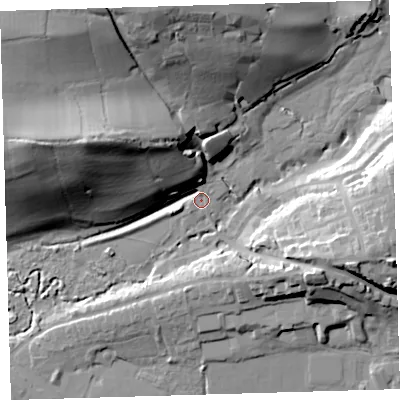 Shaded relief map of the ground around EX314AW, computed from Environment Agency LiDAR. The ground here sits at about 7 m above sea level and falls 38 m across the surrounding 800 m. Surface water reaching this point runs off ground lying to the north-west, 23.6 m higher.