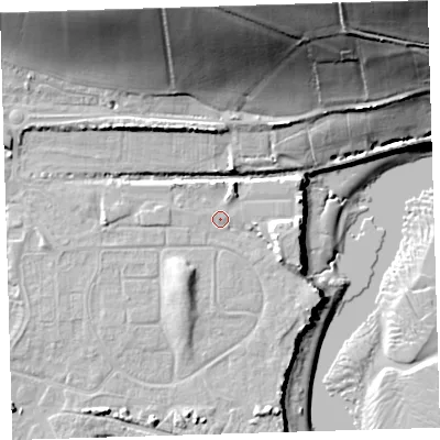 Shaded relief map of the ground around EX314AY, computed from Environment Agency LiDAR. The ground here sits at about 9 m above sea level and falls 44 m across the surrounding 800 m. Surface water reaching this point runs off ground lying to the north-north-east, 2.8 m higher.