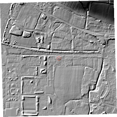 Shaded relief map of the ground around EX314AZ, computed from Environment Agency LiDAR. The ground here sits at about 7 m above sea level and falls 36 m across the surrounding 800 m. Surface water reaching this point runs off ground lying to the north-east, 34.5 m higher.