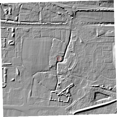 Shaded relief map of the ground around EX314BA, computed from Environment Agency LiDAR. The ground here sits at about 6 m above sea level and falls 12 m across the surrounding 800 m. Surface water reaching this point runs off ground lying to the north-east, 10.9 m higher.