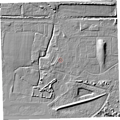 Shaded relief map of the ground around EX314BB, computed from Environment Agency LiDAR. The ground here sits at about 7 m above sea level and falls 10 m across the surrounding 800 m. Surface water reaching this point runs off ground lying to the north, 1.8 m higher.