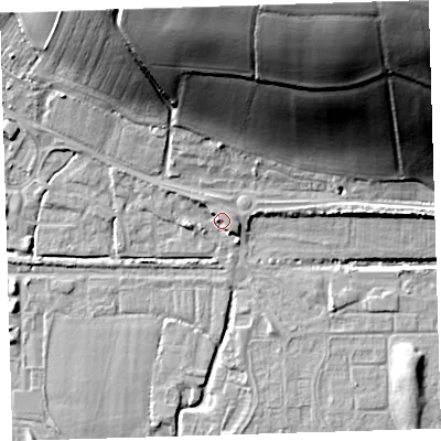 Shaded relief map of the ground around EX314BN, computed from Environment Agency LiDAR. The ground here sits at about 11 m above sea level and falls 59 m across the surrounding 800 m. Surface water reaching this point runs off ground lying to the north-north-west, 2.9 m higher.