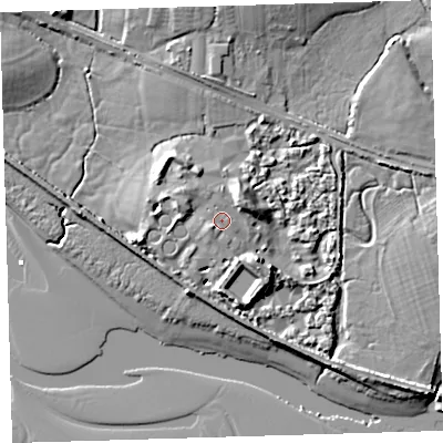 Shaded relief map of the ground around EX314BR, computed from Environment Agency LiDAR. The ground here sits at about 7 m above sea level and falls 11 m across the surrounding 800 m. Surface water reaching this point runs off ground lying to the south-west, 1.4 m higher.