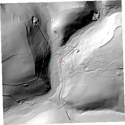 Shaded relief map of the ground around EX314EQ, computed from Environment Agency LiDAR. The ground here sits at about 61 m above sea level and falls 87 m across the surrounding 800 m. Surface water reaching this point runs off ground lying to the east-south-east, 15.2 m higher.