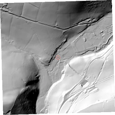 Shaded relief map of the ground around EX314ES, computed from Environment Agency LiDAR. The ground here sits at about 24 m above sea level and falls 113 m across the surrounding 800 m. Surface water reaching this point runs off ground lying to the south-east, 109.0 m higher.