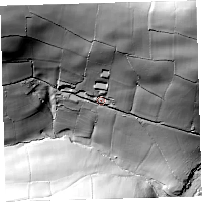 Shaded relief map of the ground around EX314ET, computed from Environment Agency LiDAR. The ground here sits at about 67 m above sea level and falls 127 m across the surrounding 800 m. Surface water reaching this point runs off ground lying to the north, 88.6 m higher.
