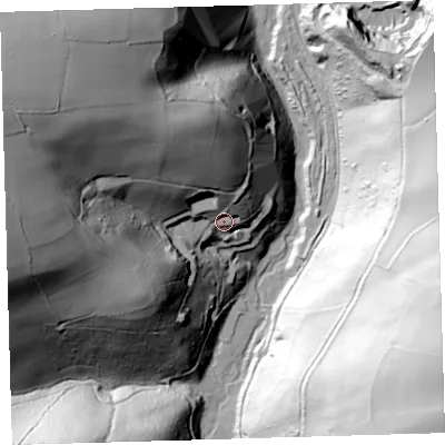 Shaded relief map of the ground around EX314EX, computed from Environment Agency LiDAR. The ground here sits at about 67 m above sea level and falls 118 m across the surrounding 800 m. Surface water reaching this point runs off ground lying to the north-west, 63.3 m higher.