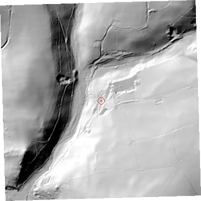 Shaded relief map of the ground around EX314EY, computed from Environment Agency LiDAR. The ground here sits at about 94 m above sea level and falls 97 m across the surrounding 800 m. Surface water reaching this point runs off ground lying to the south-east, 68.4 m higher.