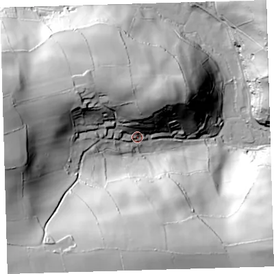 Shaded relief map of the ground around EX314EZ, computed from Environment Agency LiDAR. The ground here sits at about 99 m above sea level and falls 94 m across the surrounding 800 m. Surface water reaching this point runs off ground lying to the west-north-west, 58.6 m higher.