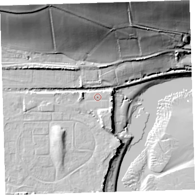 Shaded relief map of the ground around EX314FT, computed from Environment Agency LiDAR. The ground here sits at about 9 m above sea level and falls 55 m across the surrounding 800 m. The ground contributing surface water to this point lies to the south-south-east.