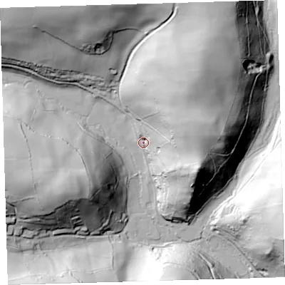 Shaded relief map of the ground around EX314HA, computed from Environment Agency LiDAR. The ground here sits at about 73 m above sea level and falls 75 m across the surrounding 800 m. Surface water reaching this point runs off ground lying to the east-north-east, 57.2 m higher.