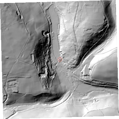 Shaded relief map of the ground around EX314HG, computed from Environment Agency LiDAR. The ground here sits at about 83 m above sea level and falls 95 m across the surrounding 800 m. Surface water reaching this point runs off ground lying to the west-north-west, 87.0 m higher.
