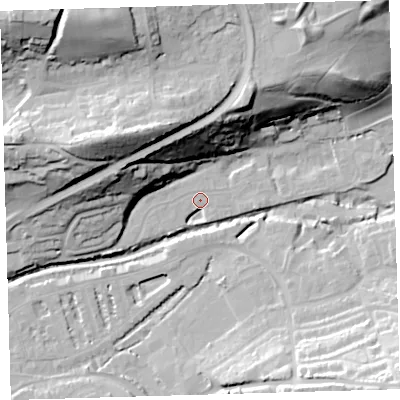 Shaded relief map of the ground around EX314HT, computed from Environment Agency LiDAR. The ground here sits at about 7 m above sea level and falls 50 m across the surrounding 800 m. Surface water reaching this point runs off ground lying to the north-north-east, 34.7 m higher.
