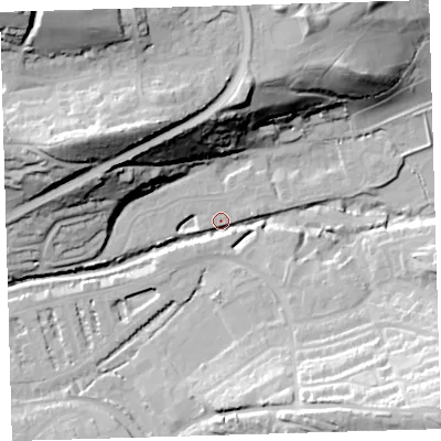Shaded relief map of the ground around EX314HU, computed from Environment Agency LiDAR. The ground here sits at about 7 m above sea level and falls 49 m across the surrounding 800 m. Surface water reaching this point runs off ground lying to the east-south-east, 16.2 m higher.