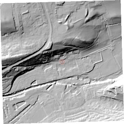 Shaded relief map of the ground around EX314HZ, computed from Environment Agency LiDAR. The ground here sits at about 7 m above sea level and falls 47 m across the surrounding 800 m. Surface water reaching this point runs off ground lying to the north-north-west, 33.8 m higher.